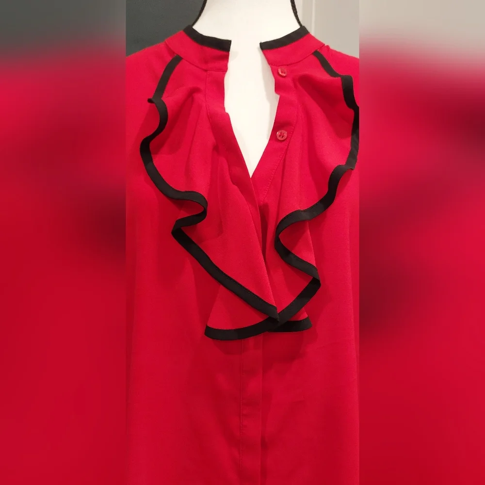 Calvin Klein Red Ruffled Blouse with Black Accents - Picture 2 of 6